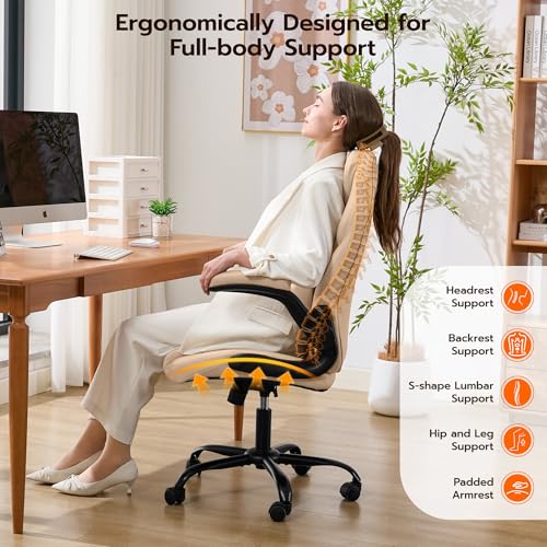 Ylzyxal Office Desk Chair, Ergonomic Computer Chair with Padded Flip-Up Arms and Adjustable Lumbar Support, PU Leather Executive Chair with Tilt Lock and 360° Swivel Rolling Wheels for Work, Study - color: Beige