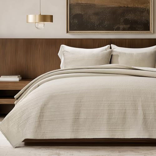 EVERGRACEHOME Cotton Sateen Channel Quilt Set, Queen Size, Parchment | 100% Cotton, Pre-Washed Soft Coverlet Bedspread, 3-Piece Refined Channel Stitch Bedding Set for All Season, 2 Pillow Shams - color: Parchment - Refined Channel, size: Full/Queen (96" X