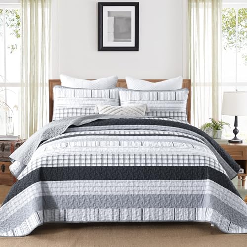 DJY Grey Striped Quilt Queen Size, Black Gray Boho Striped Bedspread Coverlet Set Soft Microfiber Patchwork Quilt Bedding Set 3 Pieces for All Season - color: Black Grey, size: Queen