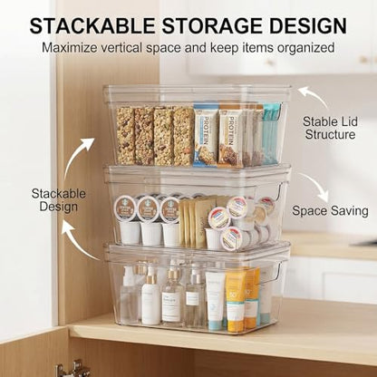 MOONEDGE 4-Pack 10x6x5 Stackable Small Clear Storage Bins with Lids | Plastic small item organizer containers with handles for vanity, craft, office, fridge, kitchen, pantry, bathroom and closet - size: 4 Pack