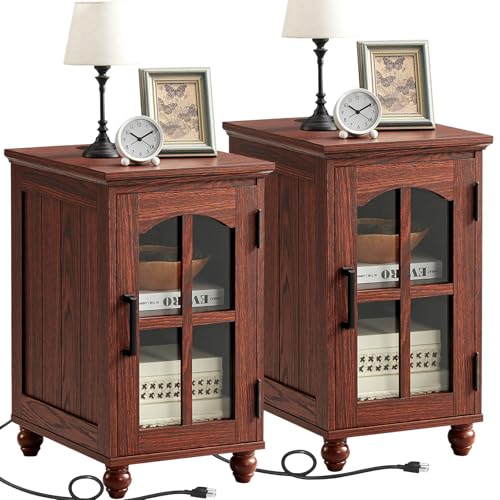 Narrow Side Table Set of 2, Farmhouse Nightstand with Charging Station | End Tables with Glass Barn Door, Cabinet Organizer with Adjustable Shelf, Night Stand for Small Spaces Living Room Bedroom - color: Red Oak, size: Set 2