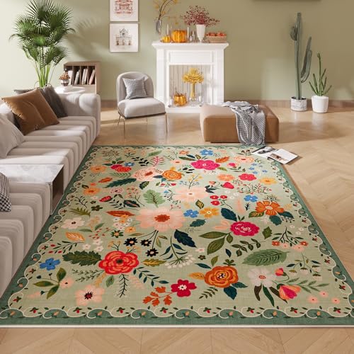 Rugcomf Living Room Rug 6x9 Rug Machine Washable Boho Area Rug Non Slip Floral Vintage Low Pile Large Rug for Living Room, Bedroom, Farmhouse, Dining Room, Kids Playroom(Green) - color: Green, size: 6' x 9' (Rectangular)