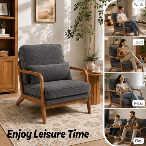 Karl home Mid-Century Modern Accent Reading Chair, Grey | Chenille Upholstered, Solid Wood Frame, Soft Cushion, Lumbar Pillow, Lounge Armchair for Living Room, Bedroom, Balcony, Study - color: Chenille Gray