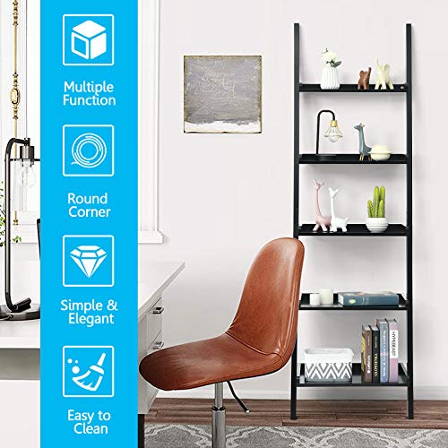 Tangkula 5-Tier Ladder Shelf, Wall-Leaning Bookshelf w/Open Shelves, Plant Flower Stand, Storage Display Organizer Rack, Multifunctional Bookcase for Living Room Home Office (Black) - color: Black