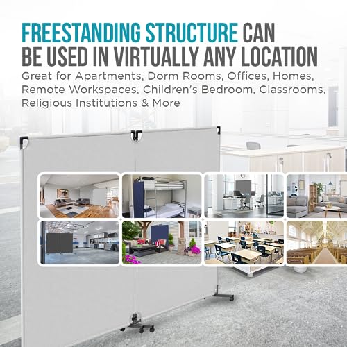 Steel-AID 60-inch Rolling Privacy Room Divider - Freestanding Office Wall Partition with Non See-Through Blackout Screen - Sturdy & Durable Iron Frame - Rolling Wheels - Black, White, Gray & Blue - color: White, size: 60"