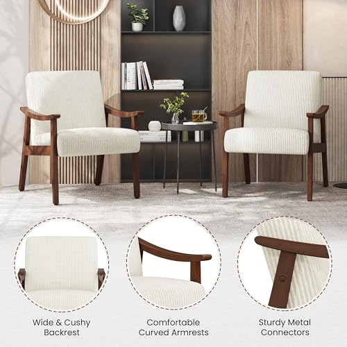Yaheetech Corduroy Accent Chair, Mid-Century Modern Armchair with Solid Wood Legs, Reading Leisure Chair with High Back for Living Room Bedroom Waiting Room Beige | Corduroy Chair with Solid Wood Legs, Cozy Reading Leisure Chair for Living Room, Bedroom,