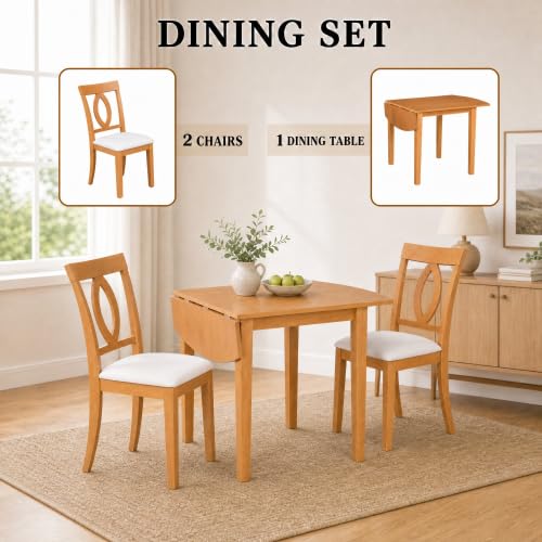 3-Piece Drop Leaf Wood Dining Table Set, Small Space Dining Set for 2 People, 1 Folding Extendable Table, 2 Upholstered Chairs, Space-Saving, for Apartments, Kitchen Room, Natural - color: Beige,natural