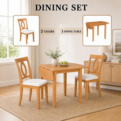 3-Piece Drop Leaf Wood Dining Table Set, Small Space Dining Set for 2 People, 1 Folding Extendable Table, 2 Upholstered Chairs, Space-Saving, for Apartments, Kitchen Room, Natural - color: Beige,natural