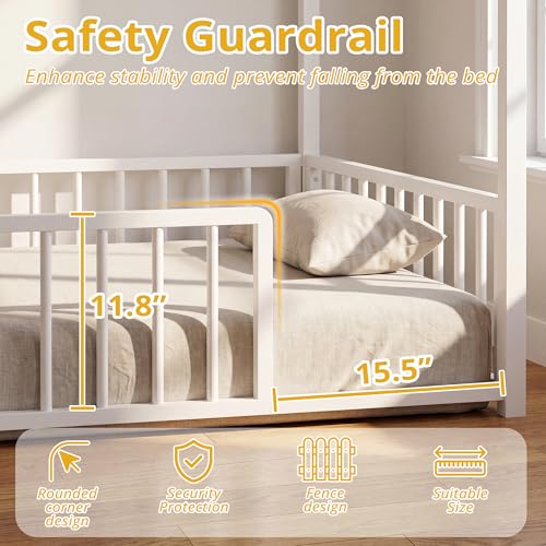 IRONCK Twin Floor Bed Frame with Fence Guardrails and Roof, White | Metal House Bed with Hanging Mesh, No Box Spring Needed, Easy Assembly, Anti-tipping Device - color: White