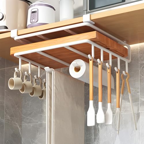 Mug Holder Under Cabinet,Paper Towel Holder for Cabinet,Chopping Board Organizer,No-Hole Multifunctional Stainless Steel Under Cabinet Hooks for Kitchen (White) - color: White