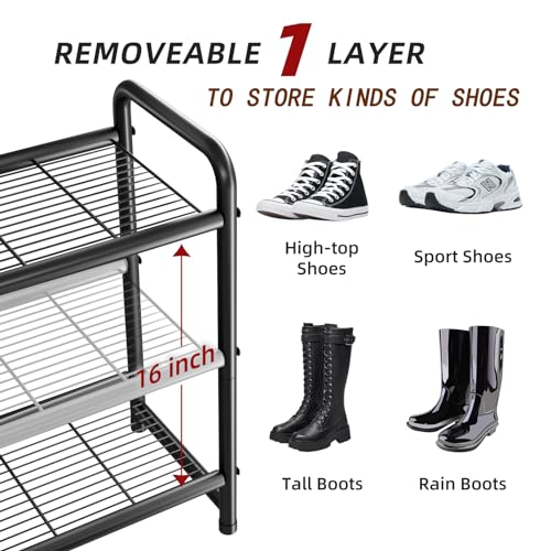 Ekisemio 3-Tier Long Metal Shoe Rack, Wide Stackable Shoe Organizer for Closet & Entryway, with Sturdy Wire Grid Storage Shelf for Bedroom, Black - size: 11.5"D x 43"W x 23.25"H