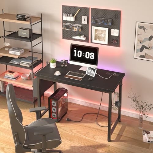 Lufeiya 39 inch Computer Desk with Power Outlet, 40 inch Teen Study Table Home Office Work Writing Desks with Charging Station Outlets Built in, Black - color: Black, size: 39.4"