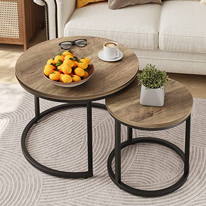 Smuxee Nesting Coffee Table Set of 2, 23.6" Round Coffee Table Wood Grain Top with Adjustable Non-Slip Feet, Industrial End Table Side Tables for Living Room Bedroom Balcony Yard - color: Oak, size: 23.6"W