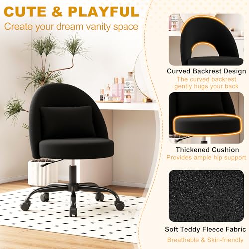 Misolant Vanity Chair with Back, Armless Cute Office Chair with Wheels for Girls, Teddy Fleece Fabric Small Desk Chairs with Adjustable Height, Lumbar Support Pillow, 360°Swivel for Makeup Room, Black - color: Black