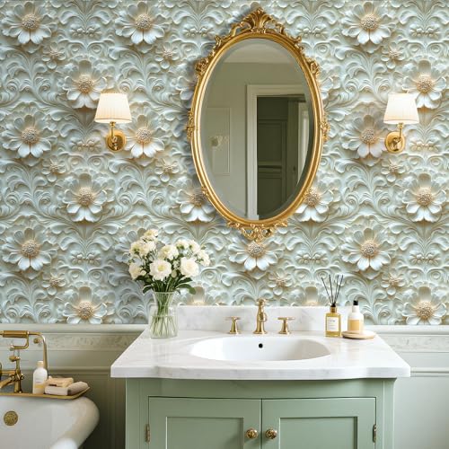 Livelynine Luxury Gold and White Floral 3D Wallpaper Peel and Stick Accent Wall Cover Self Adhesive Ceiling Wallpaper Beige Cream 3D Floral Contact Paper Decorative Wall Panels for Bathroom 17.5x78.8 - size: 17.5" x 78.8"