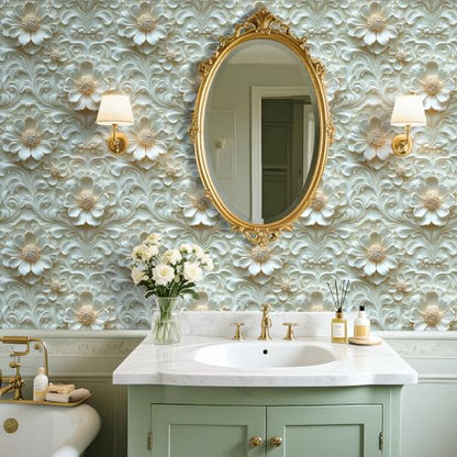 Livelynine Luxury Gold and White Floral 3D Wallpaper Peel and Stick Accent Wall Cover Self Adhesive Ceiling Wallpaper Beige Cream 3D Floral Contact Paper Decorative Wall Panels for Bathroom 17.5x78.8 - size: 17.5" x 78.8"