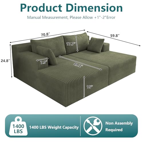 70.8" Oversized Double Chaise Lounge Indoor, Upholstered Deep Seat Cloud Couch Corduroy Lounge Chair, Modern Sofa Bed Loveseat Sleeper Chair for Living Room Bedroom Apartment,Green - color: Green, size: 70.8"