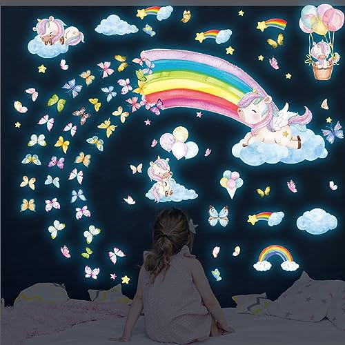 Glow in The Dark Large Rainbow and Unicorn Wall Decals,Glowing Luminous Star Butterfly Wall Stickers Removable Rainbow Unicorn Decals for Girls Bedroom Baby Nursery Living Room Decoration - color: Rainbow and Unicorn