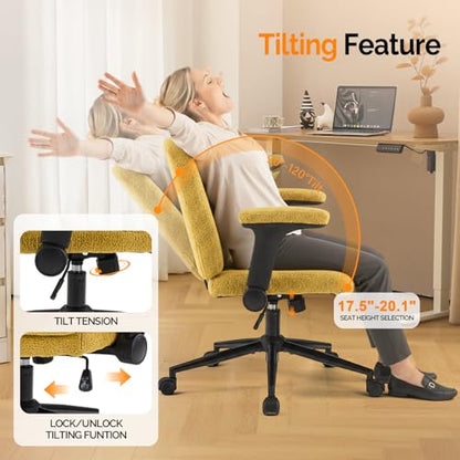 VINGLI Criss Cross Chair with Adjustable Flip-Up Arms,Cross Legged Chair with Wheels,Extra Wide Office Chair,Desk Chair for Home Office,Vanity,Bedroom, Apartment,Starry Chenille,Pale Yellow - color: Pale Yellow