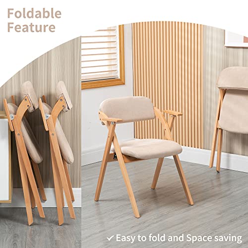 Folding Chairs with Armrest | Wooden Stackable Foldable Dining Chair with Padded Seats Set of 2 Extra for Guests Kitchen Office Wedding Party, Khaki - color: Khaki With Armrest, size: 2PCS