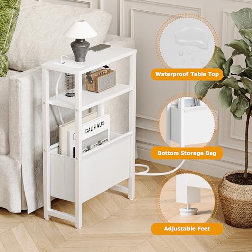 Narrow Side Table with Charging Station Slim End Table Sofa with Magazine Rack, Bedside Table for Small Spaces, 3 Tier Nightstand for Living Room Couch, Bedroom White LET503WE - color: White, style: With Charging Station