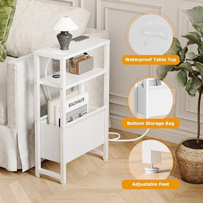 Narrow Side Table with Charging Station Slim End Table Sofa with Magazine Rack, Bedside Table for Small Spaces, 3 Tier Nightstand for Living Room Couch, Bedroom White LET503WE - color: White, style: With Charging Station