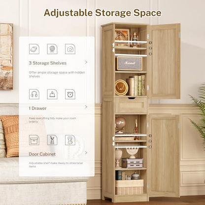 67" H Tall Storage Cabinet with 2 Rattan Doors and 1 Drawer, Narrow Rattan Cabinet with Adjustable Shelves, for Living Room, Entryway, Kitchen, Natural - color: Natural