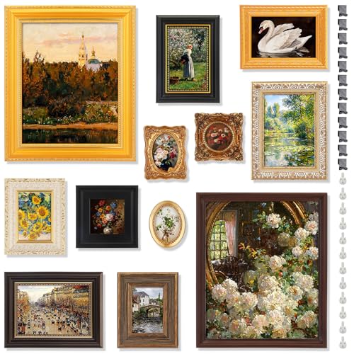 12 Pcs Gallery Vintage Frame Set for Wall or Tabletop Display, Multi-size Gold Brown Antique Picture Frames with Glass Front for French Country Farmhouse Room Art Decor (Vintage) - style: Retro