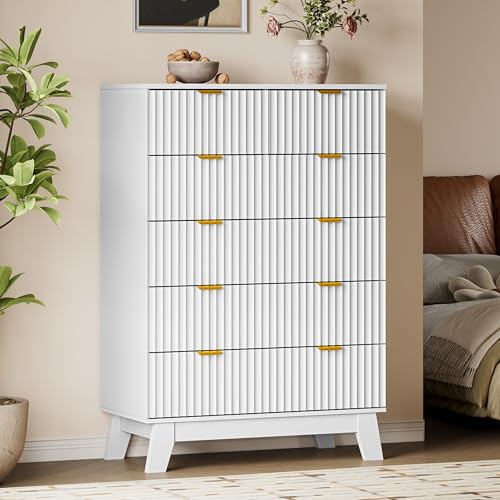 BORNOON 46" Tall Dresser for Bedroom, 6-Drawer Fluted Chest of Drawers, Modern Wood Highboy with Deep Storage, Metal Slides and Handles, Anti-Tip Kit, Vertical Clothes Organizer for Apartment, Nursery - color: Pure White, size: Tall 6-Drawer