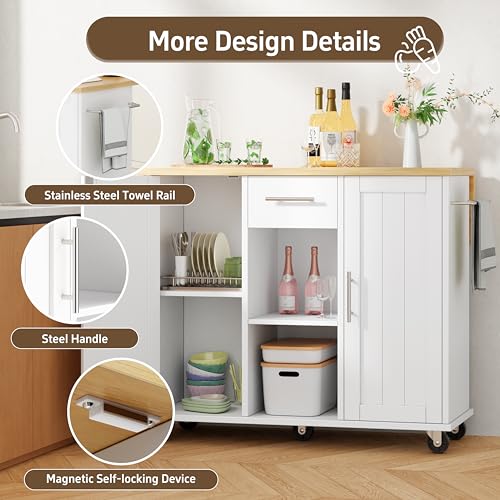 Shintenchi Kitchen Island with Storage, Bar Cart Cabinet Island Table on Wheels, Rolling Microwave Cart for Kitchen with Drop Leaf, Drawers, Towel Rack, Seating Area for Dining Room, White - color: White-42 Inch