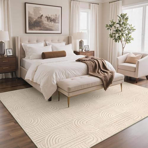 GENIMO Beige Rug 6x9 Washable Area Rugs for Living Room, Soft High Low Pile | Fluffy Shag Carpet, Cream Solid, Modern 3D Arch Textured, Throw Accent, Bedroom Dining Room Nursery Playroom Office, Non Slip - color: Arch Beige, size: 6' x 9' (Rectangular)