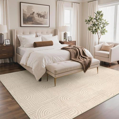 GENIMO Beige Rug 6x9 Washable Area Rugs for Living Room, Soft High Low Pile | Fluffy Shag Carpet, Cream Solid, Modern 3D Arch Textured, Throw Accent, Bedroom Dining Room Nursery Playroom Office, Non Slip - color: Arch Beige, size: 6' x 9' (Rectangular)