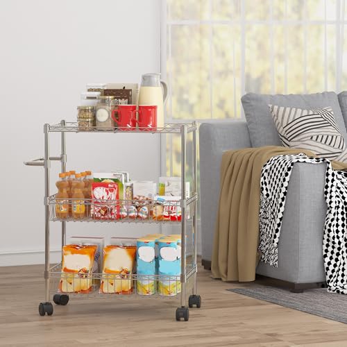 Chrome 3 Tier Rolling Storage Cart, Metal Wire Kitchen Cart with Baskets & Handle, Utility Trolley on Wheels for Kitchen, Bathroom, Laundry, Pantry & Office - color: Sliver