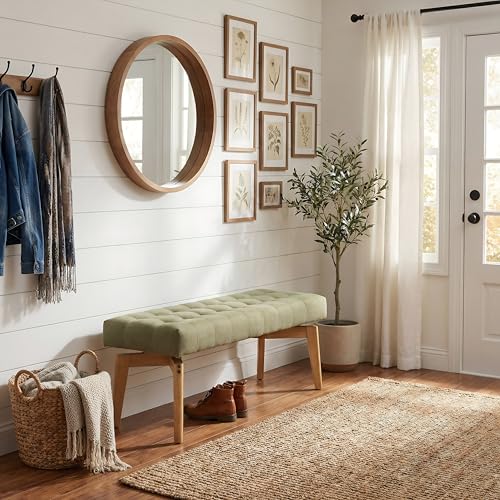 HNY Green Upholstered Bench,45.5 Wood Bedroom Bench,Ottoman | Entryway Bench Storage Bench Modern Tufted Floating Design Window Bench Seat for Living Room Indoor Hallway( Linen) - color: Green Linen