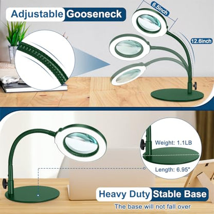 IVMAIE 12X Magnifying Glass with Light, Real Glass Lens, 5 Color Modes Dimmable, Flexible Gooseneck Lighted Magnifier with Stand, LED Desk Lamp Hands Free for Crafts Painting Reading Close Work, Green - color: Green