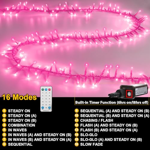 36FT 500LED Christmas Cluster Lights String Lights Decoration for Valentine's Day Home Garden Wedding Party Xmas Tree Bedroom Indoor Outdoor Decor with 16-Functions,Clear Wire,Pink - color: Pink, size: 500 LED