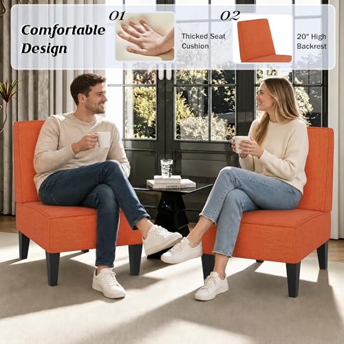Armless Accent Chairs Set of 2, Orange Linen Slipper Chairs | Upholstered Armless Chair with Solid Wood Legs, Mid Century Modern Side Chairs for Small Living Room Bedroom Apartment - color: Orange
