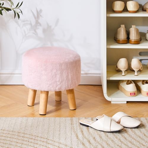 YMYNY Round Pouf Ottoman,12.6" Small Foot Stool,Pink HBD035P | Faux Fur, Wood Legs, Foot Rest for Couch, Modern Boho for Living Room Bedroom Office - color: Pink