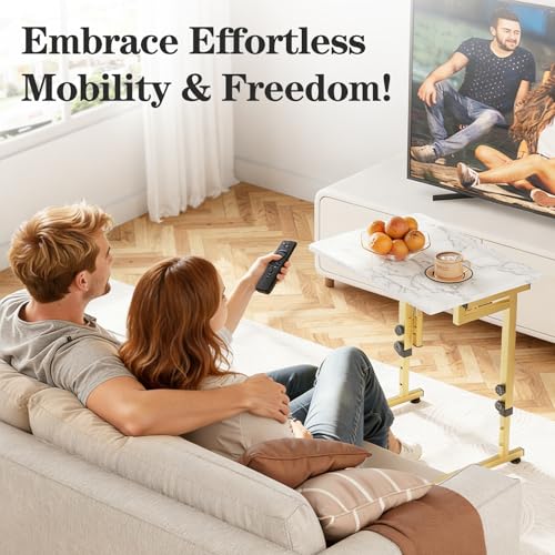 Folding tv Tray Dinner Snack Table,6 Height Adjustable Slide Under Couch Side Table, Portable Small Foldable C-Shaped End Table for Eating with Sturdy MDF Top,No Assembly(White Marble+Gold) - color: White Marble + Gold