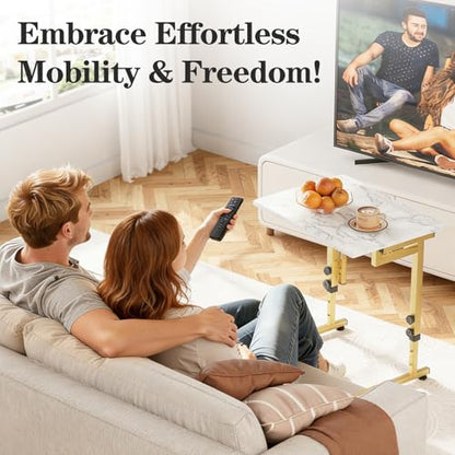Folding tv Tray Dinner Snack Table,6 Height Adjustable Slide Under Couch Side Table, Portable Small Foldable C-Shaped End Table for Eating with Sturdy MDF Top,No Assembly(White Marble+Gold) - color: White Marble + Gold