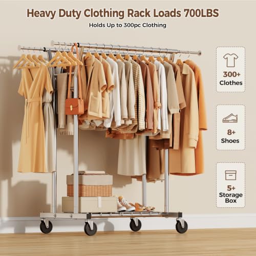 HYSEYY Heavy Duty Clothes Rack, Rolling Clothing Rack for Hanging Clothes with Shelves Load 700LBS,Portable Garment Wardrobe Closet Rack with Wheels for Bedroom,Laundry Room,Retail Store,Silver - color: Silver