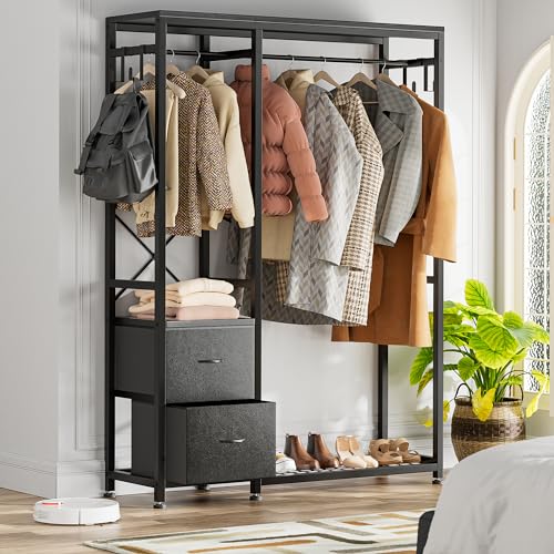 Clothes Rack with 2 Rods, Shelves, Drawers & Hooks, Garment Rack | Clothes rack with 2 hanging rods (50lbs each), 2 shelves, 2 fabric drawers & 4 hooks. 300lb total capacity. Fits small spaces - color: Black