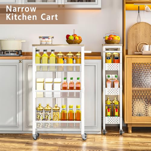 Utility Slim Rolling Storage Cart, 4-Tier Narrow Metal Organizer with Wood Top, 7.1" Width Utility Cart for Kitchen, Bathroom, Laundry Room, Small Spaces, White - color: White-7.1 Inch Wide