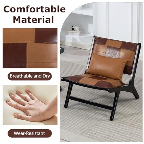Accent Chair, Modern Comfy Genuine Leather Armless Accent Chairs | Mid-Century Anthropologie , Lounge Arm Chair with Solid Wood, Floral Pattern Sofa Chair for Living Room/Balcony/Bedroom - color: Leather-brown-1818