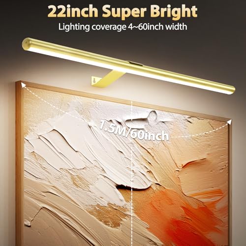 22'' Picture Light Gold for Painting with 3 Lighting,Rechargeable Wall Art Light for Painting Brightness Dimmable,Battery Display Accent Light for Picture Gallery Poster Frame Dartboard - color: Gold, size: 22inch Standard 1-Pack