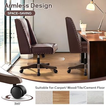 Upholstered Armless Office Chair Faux Leather Swivel Home Desk Office Chair | Modern Comfy Boho Office Chair with Wheels Adjustable Desk Chair no Arms for Sewing Women Farmhouse Study Studio PU Reddish - color: Reddish