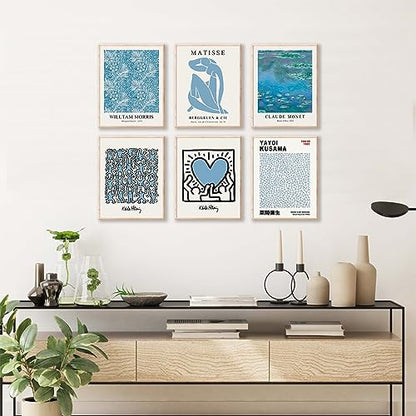 Matisse Wall Art Prints Set of 6, Abstract Blue Matisse Wall Art Exhibition Posters, Modern Blue Matisse Print William Morris Painting Yayoi Kusama Poster Claude Monet Prints, Boho Canvas Art Prints - color: Blue Matisse Wall Art, size: 8x10 inch