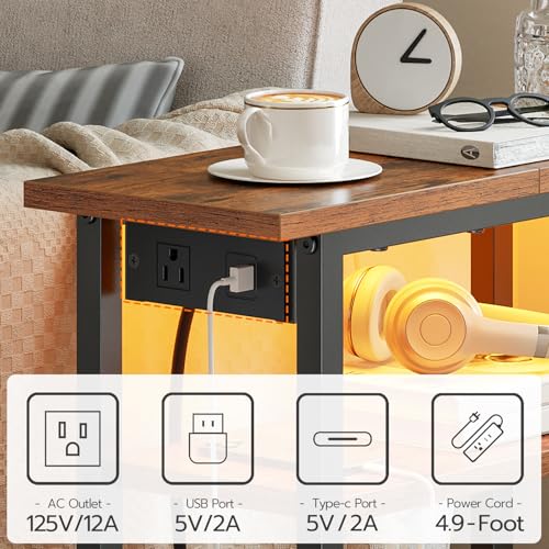 HOOBRO Narrow Side Table with Charging Station and LED Light, Small End Table with Storage, Skinny Nightstand with USB Port, Slim Bedside Table for Small Spaces, Living Room, Rustic Brown BF242UDBZ01 - color: Rustic Brown + Black