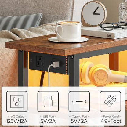 HOOBRO Narrow Side Table with Charging Station and LED Light, Small End Table with Storage, Skinny Nightstand with USB Port, Slim Bedside Table for Small Spaces, Living Room, Rustic Brown BF242UDBZ01 - color: Rustic Brown + Black