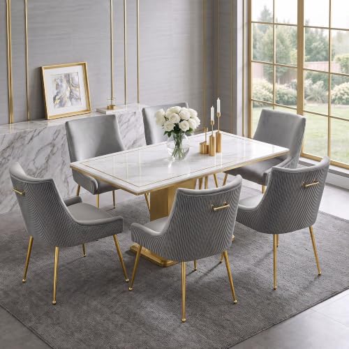 WUTUTUEE Velvet Dining Chairs Set of 6 Gold Legs,Upholstered Velvet Accent Chairs, Pleated Back Design & Gold Pull Handle, Mid Century Modern Chairs for Dining/Kitchen/Living Room,Light Grey - color: Light Grey, size: Set of 6